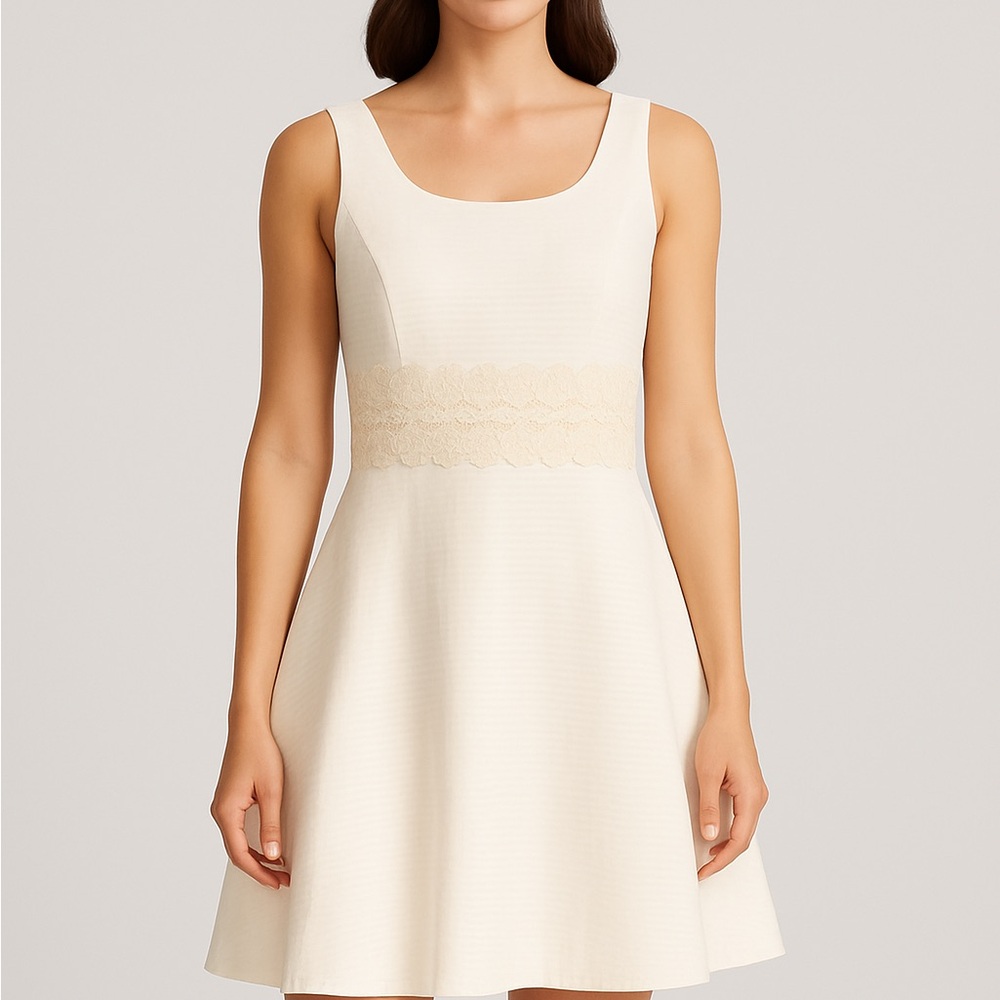 Donna Morgan Cream Textured Fit & Flare Dress with Lace Waist Detail - Size 6